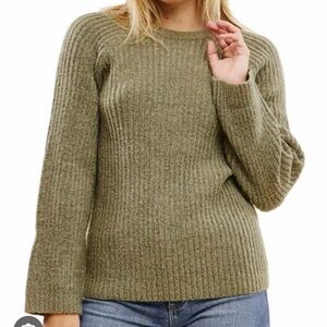 Fever Green Ribbed Crew Neck Sweater with Bell Sleeves